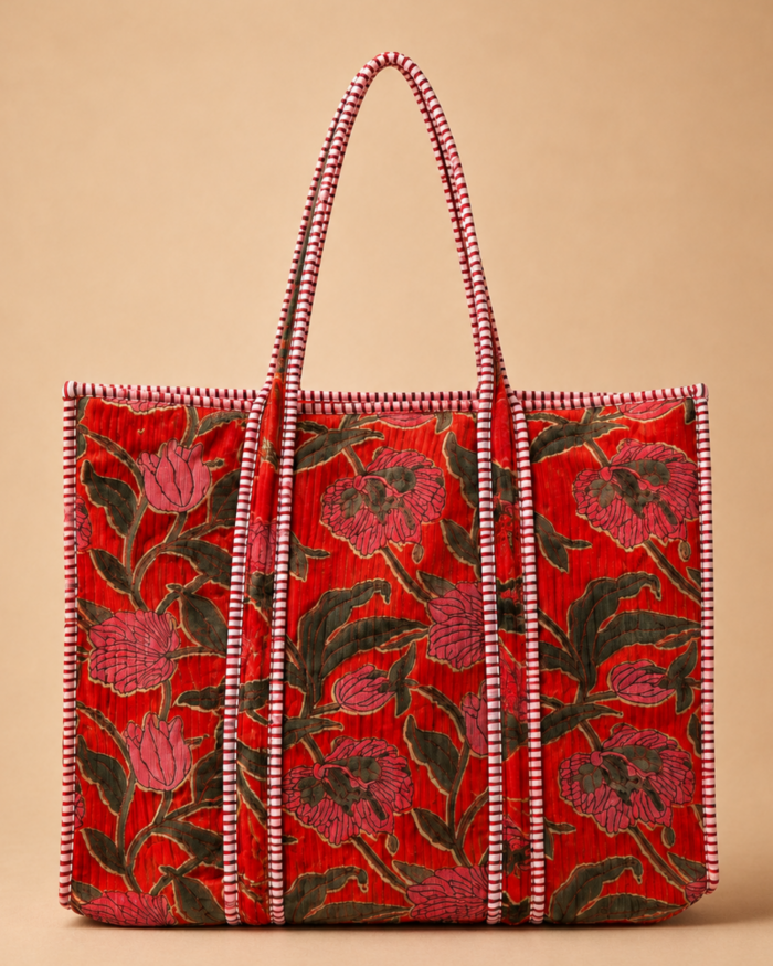 Brick red quilted velvet tote