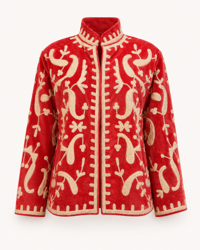 red-velvet-suzani-jacket-cream-paisley-main-front-view