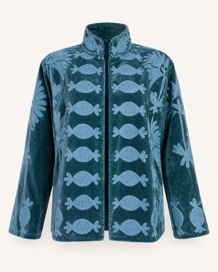 teal-embroidered-velvet-jacket-blue-motifs-studio-front