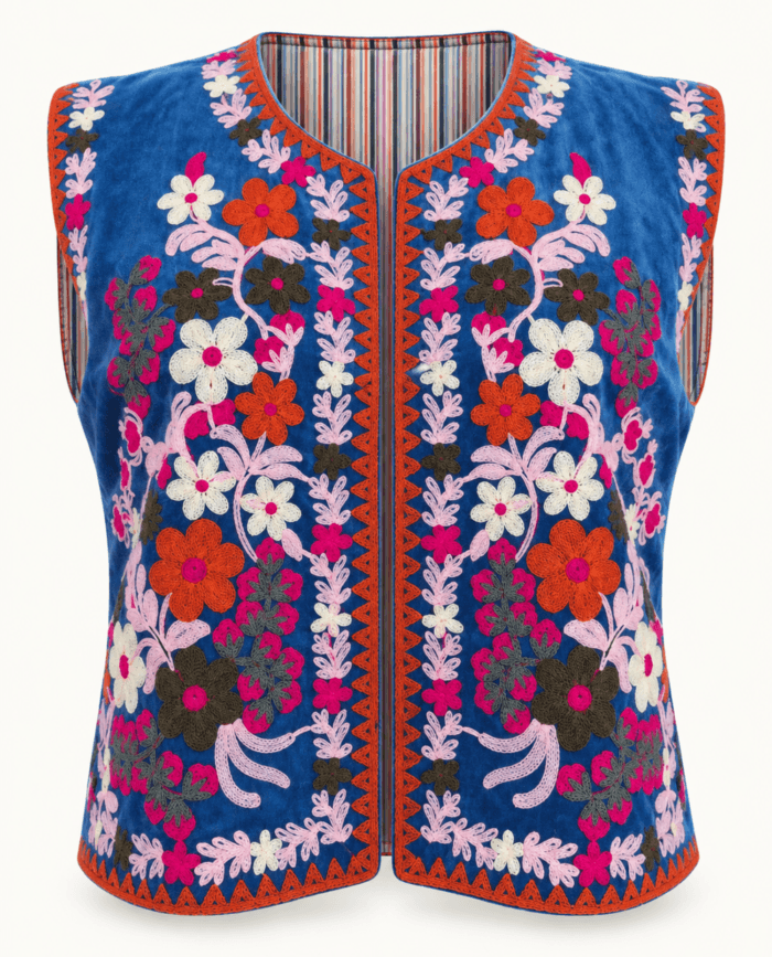 Blue Velvet Suzani Vest with Multicolor Embroidery and Pink Leaves studio front
