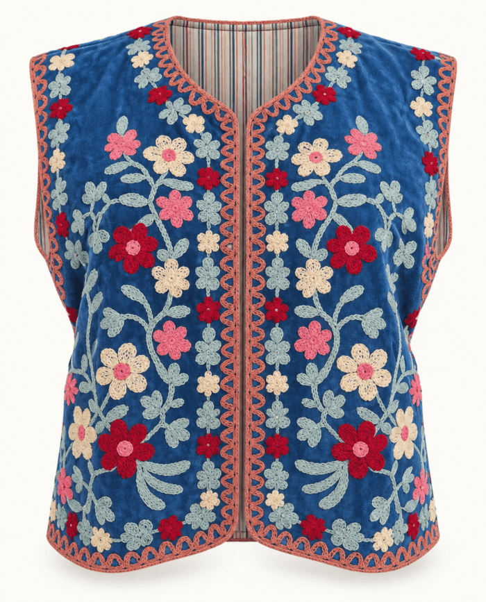 Blue Velvet Suzani Vest with Multicolor Embroidery studio front