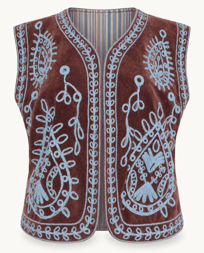 Brown Velvet Vest with Embroidery in Light Blue studio front