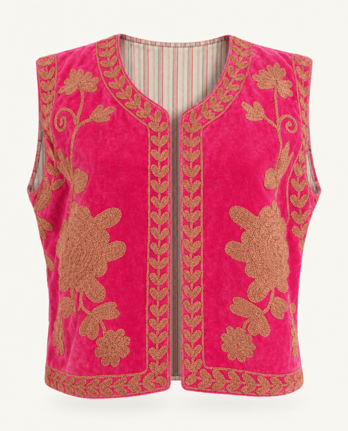 Fuchsia Velvet Embroidered Vest with Brown Floral Motifs studio front
