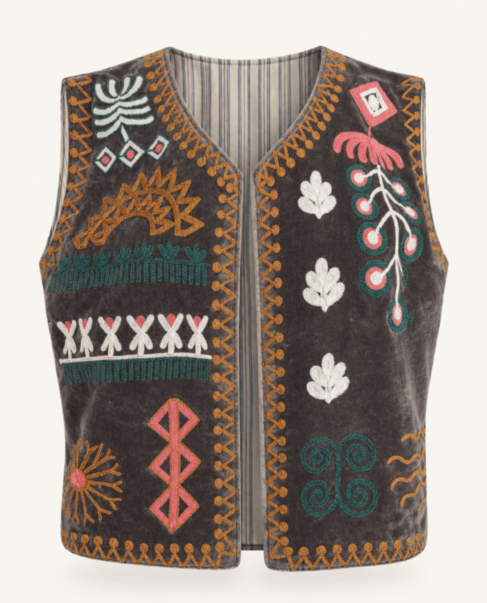 Grey Brown Velvet Suzani Vest with Multicolor Embroider studio front