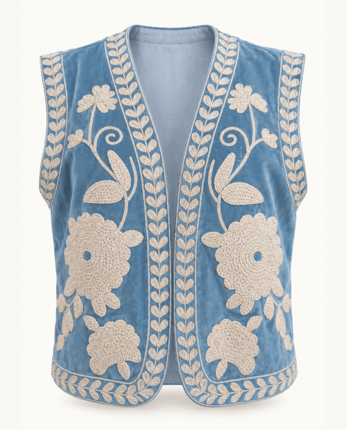 Light Blue Velvet Embroidered Vest with Cream Florals – V Neckline studio front