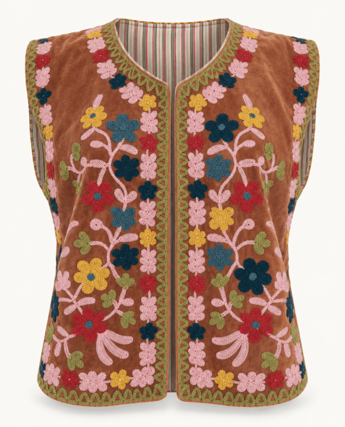 Light Brown Velvet Suzani Vest with Multicolor Embroidery studio front