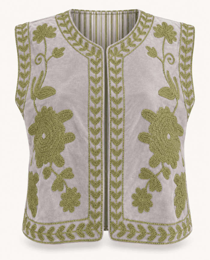 Light Grey Velvet Vest with Embroidery in Olive studio front