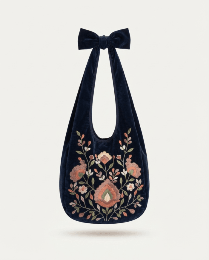 Navy velvet hobo bag, front view on plain background with Rodia bloom embroidery