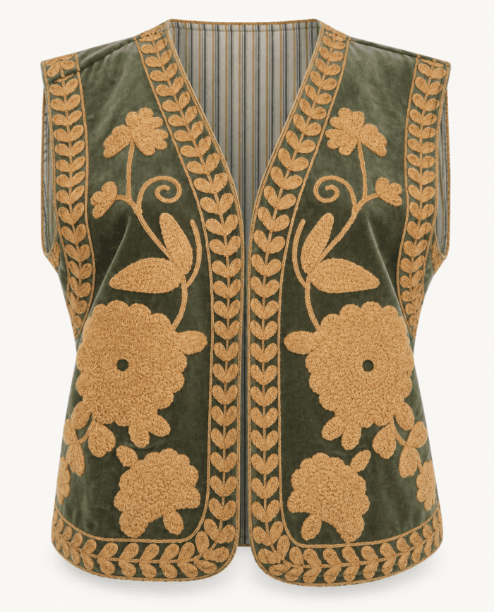 Olive Green Velvet Vest With Suzani Embroidery in Gold – V Neckline studio front