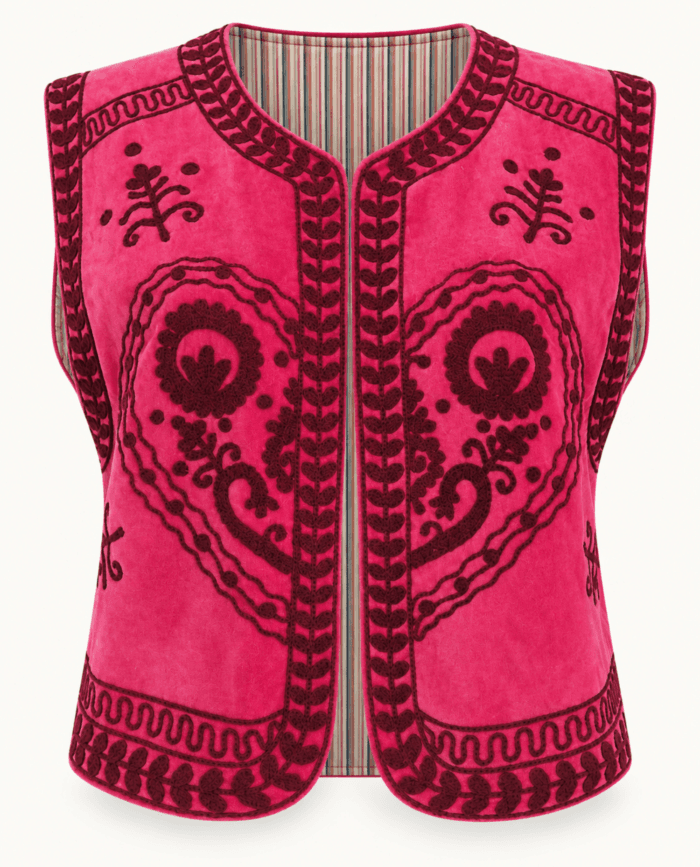 Pink Velvet Embroidered Vest with Suzani Heart Motifs studio front