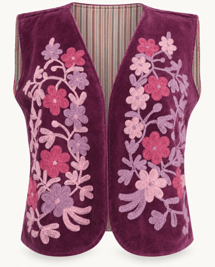 Plum Velvet Embroidered Vest with Pink Motifs studio front