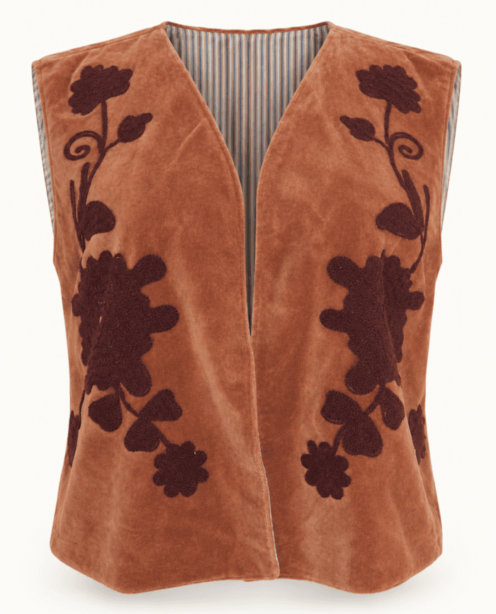 Rust Velvet Embroidered Vest with Brown Suzani Motifs studio front
