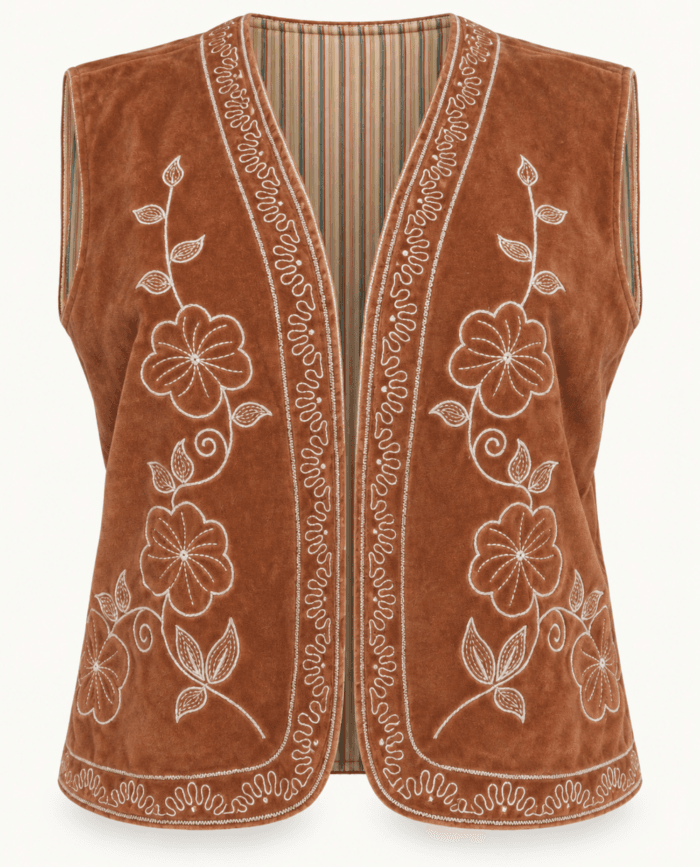 Rust Velvet Suzani Vest with Cream Embroidery studio front