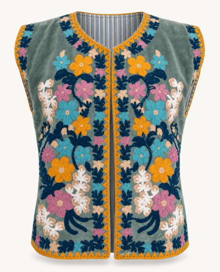 Sage Green Velvet Suzani Vest with Multicolor Embroidery studio front
