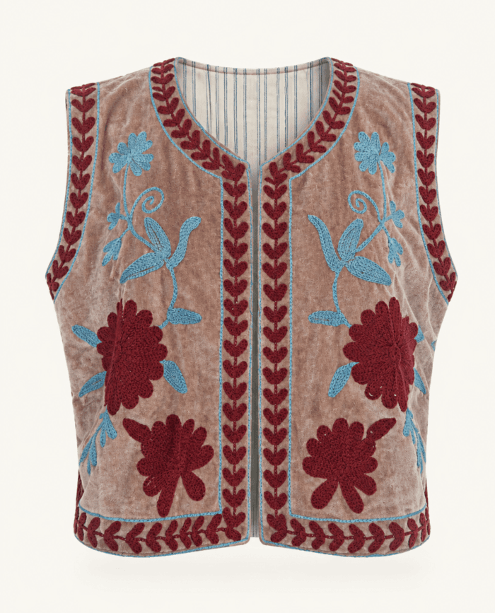 Taupe Velvet Vest with Embroidery in Brown studio front