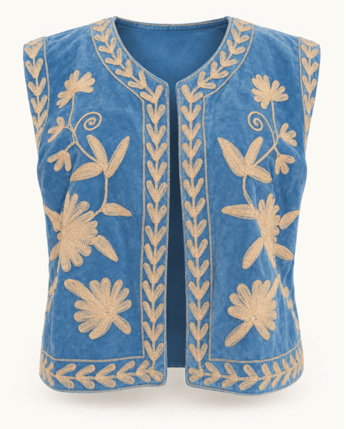 Blue Velvet Suzani Vest with Cream Floral Embroidery – Round Neckline studio front