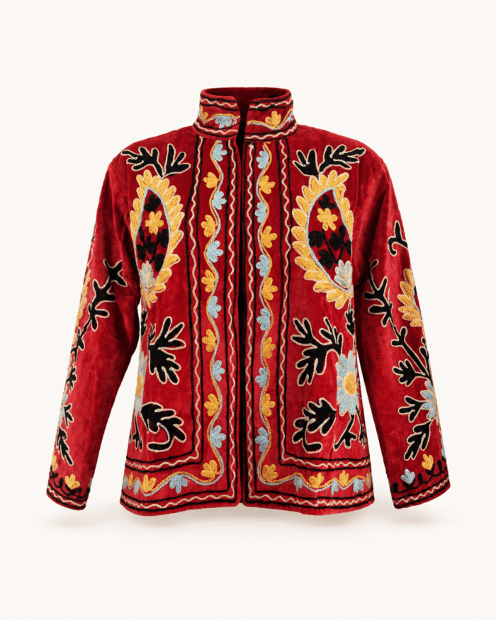 red-floral-suzani-jacket-handmade-cotton-velvet-front-view