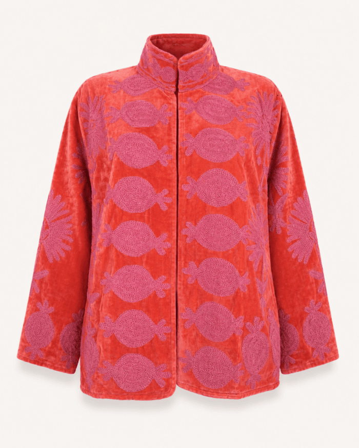 red-jacket-pink-embroidery-suzani-handmade-front-view
