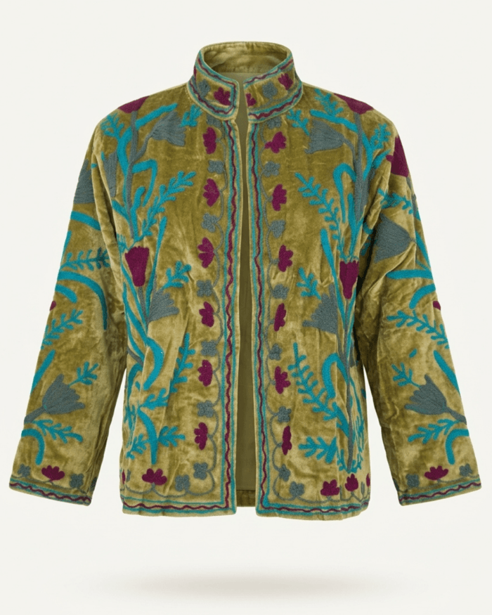suzani-jacket-olive-green-floral-studio-front-view