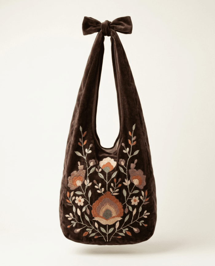 Brown embroidered velvet bag, front view on plain background with Rodia bloom embroidery