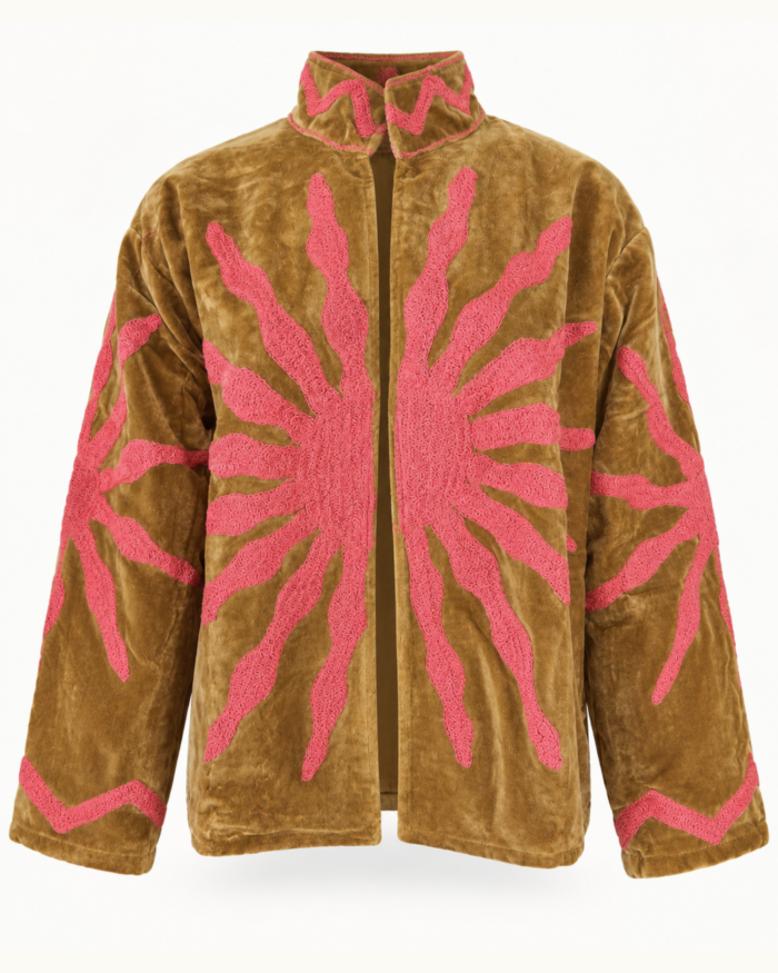 Camel Velvet Jacket with Pink Sun Embroidery – Front View