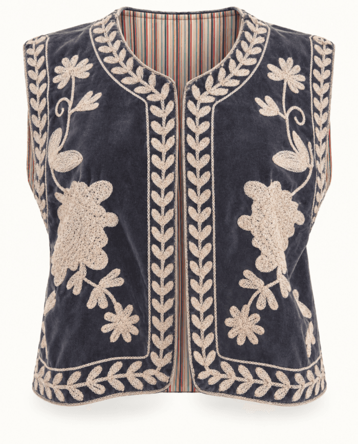 Charcoal Velvet Vest with Cream Embroidery studio front