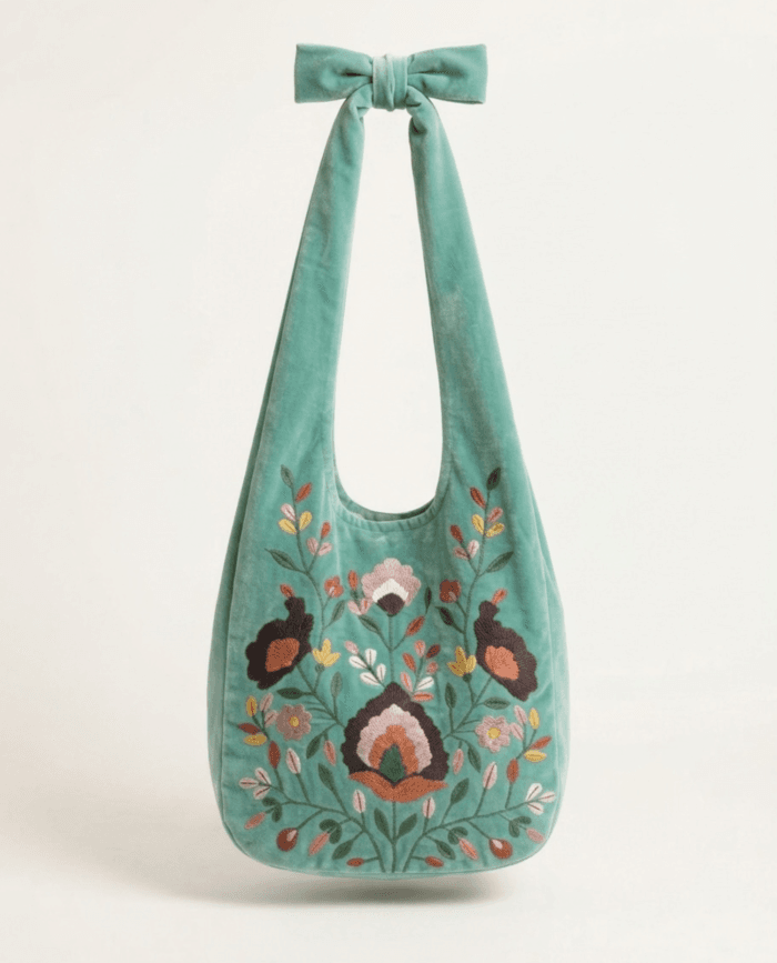 Green velvet bag with embroidery, front view on plain background with Rodia bloom