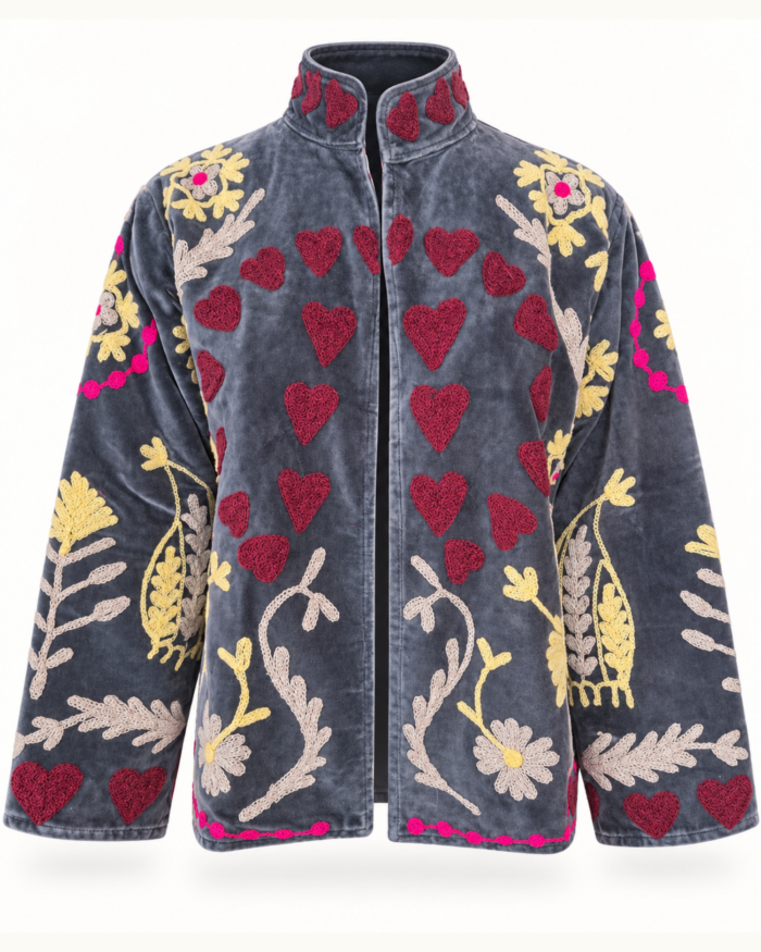 Grey Floral Embroidered Jacket – Front View