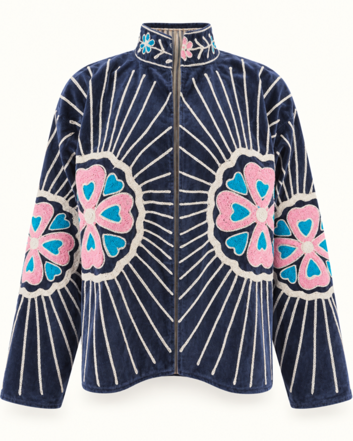 Navy Velvet Jacket with Embroidery – Front View