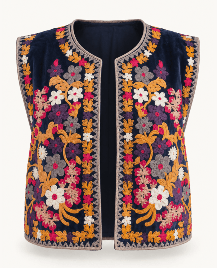 Navy Velvet Suzani Vest with Multicolor Embroidery and Taupe Trim studio front