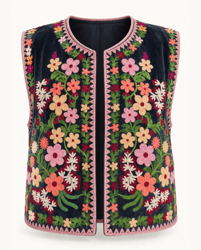 Navy Velvet Suzani Vest with Multicolor Floral Embroidery and Pink Trim studio front
