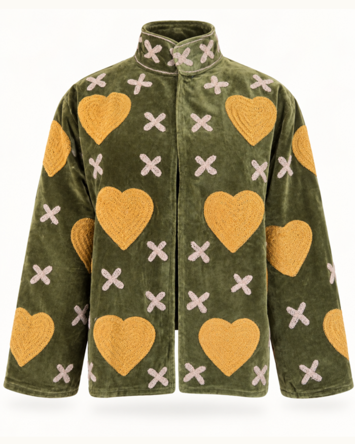 Olive Green Velvet Jacket with Hearts – Front View