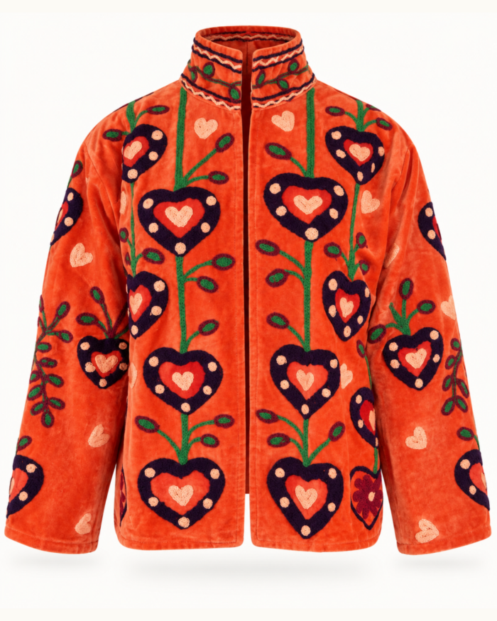 Orange Velvet Embroidered Jacket – Front View