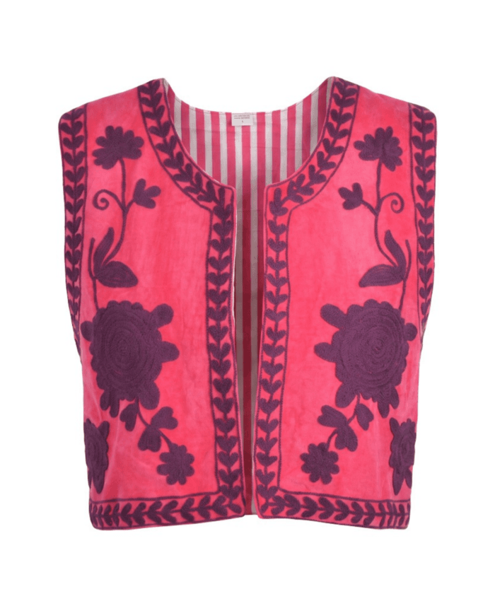 Pink Velvet Vest with Embroidery in Plum studio front