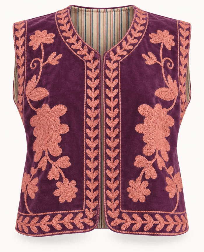 Plum Velvet Embroidered Vest with Floral Motifs in Coral studio front
