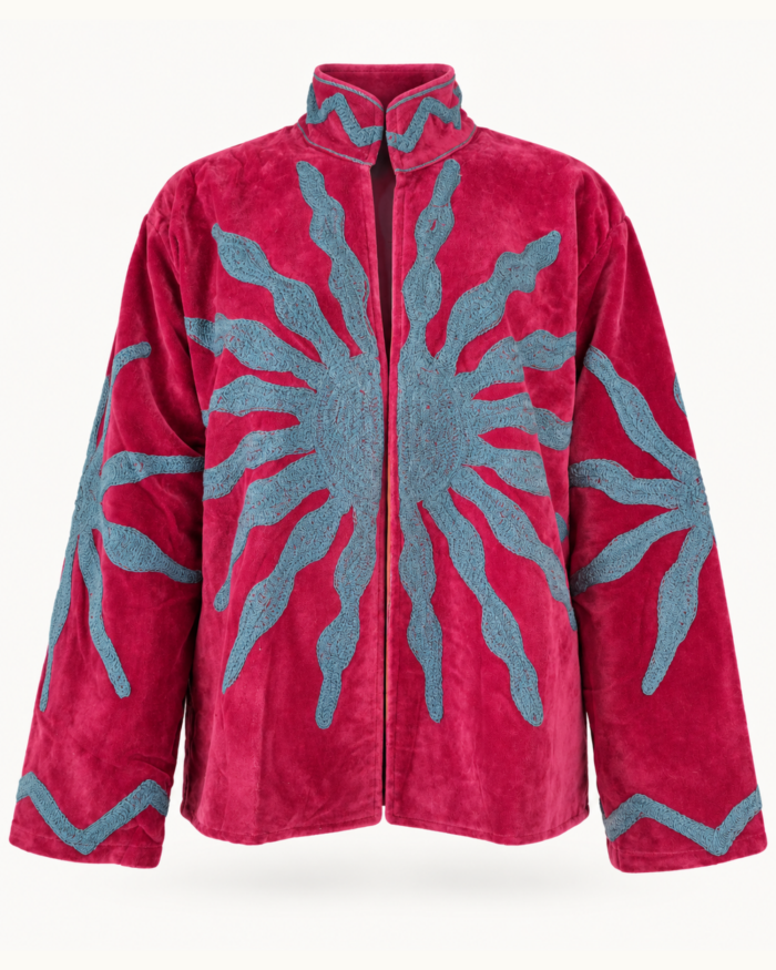 Raspberry Velvet Embroidered Jacket – Front View