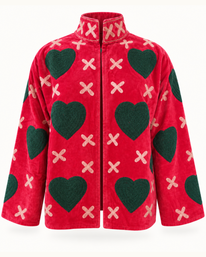 Red Velvet Embroidered Jacket – Front View