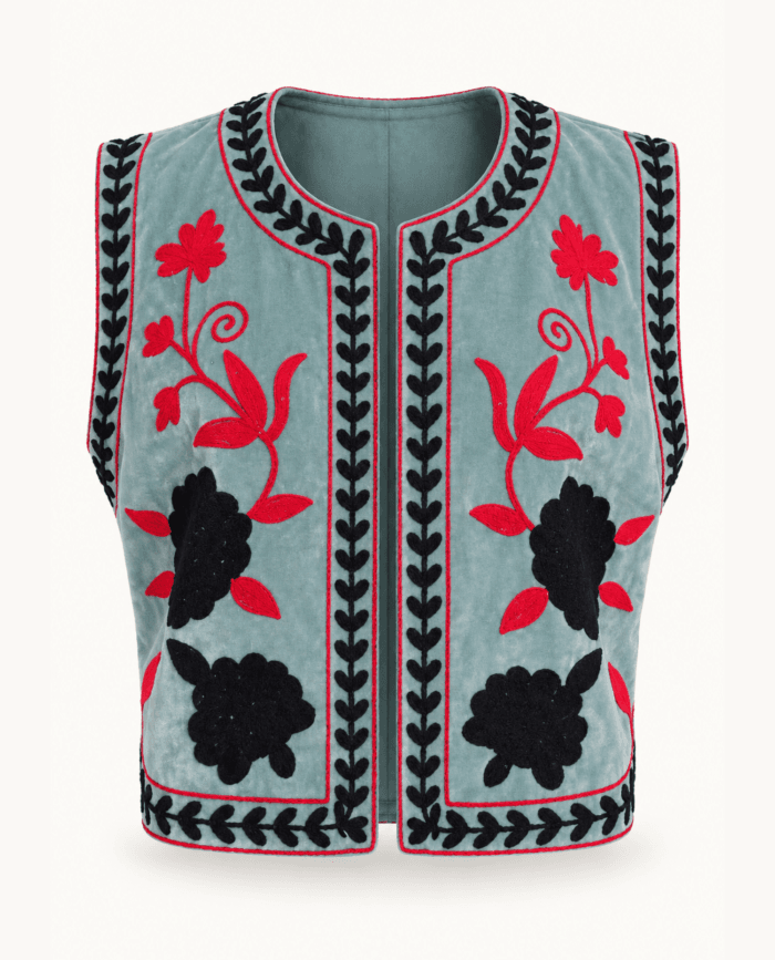 Sage Green Velvet Suzani Vest with Red and Black Embroidery studio front