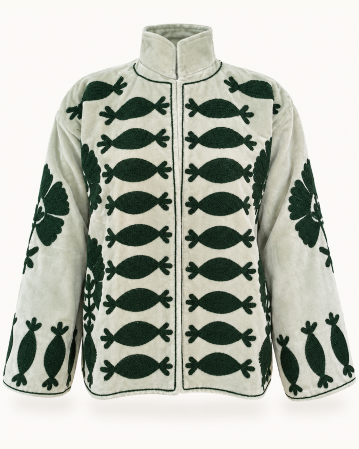 Sage Velvet Jacket with Green Embroidery – Front View