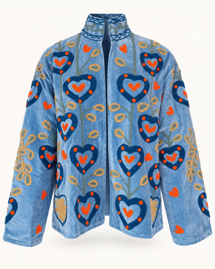 Sky Blue Velvet Jacket with Heart Embroidery – Front View