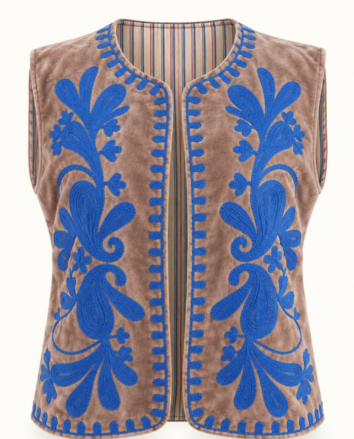 Taupe Velvet Vest with Blue Embroidery studio front