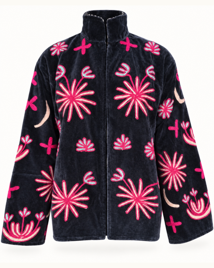 Tiger Embroidered Velvet Jacket in Black – Front View
